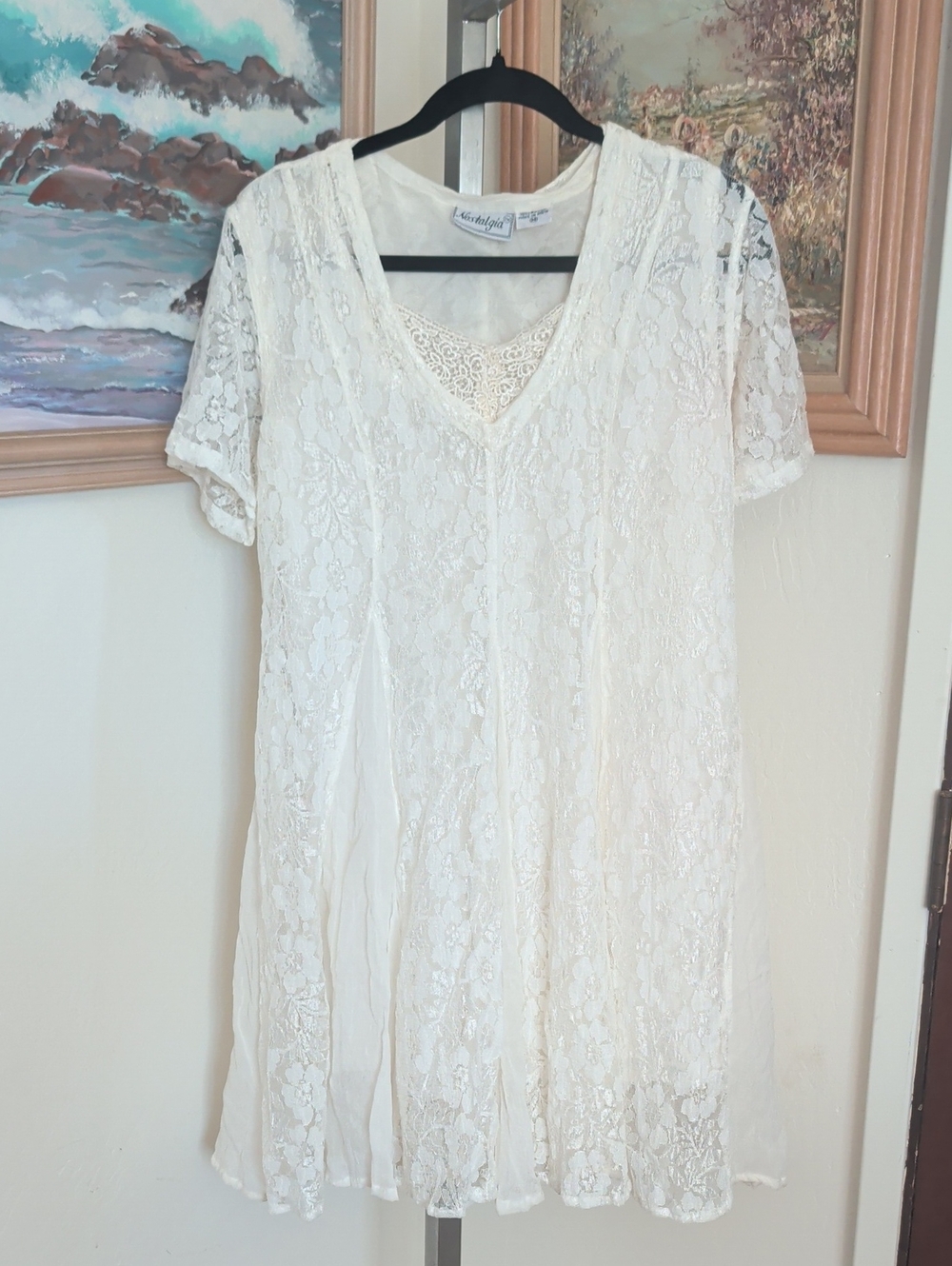 Lace Overlay V-Neck Sleep Dress by - Cream